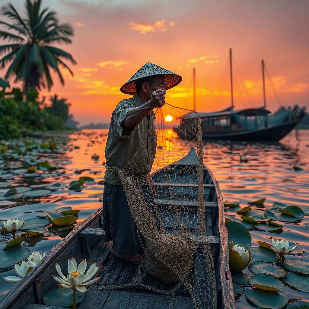 Fisherman Casting Net into Mekong River at Sunset