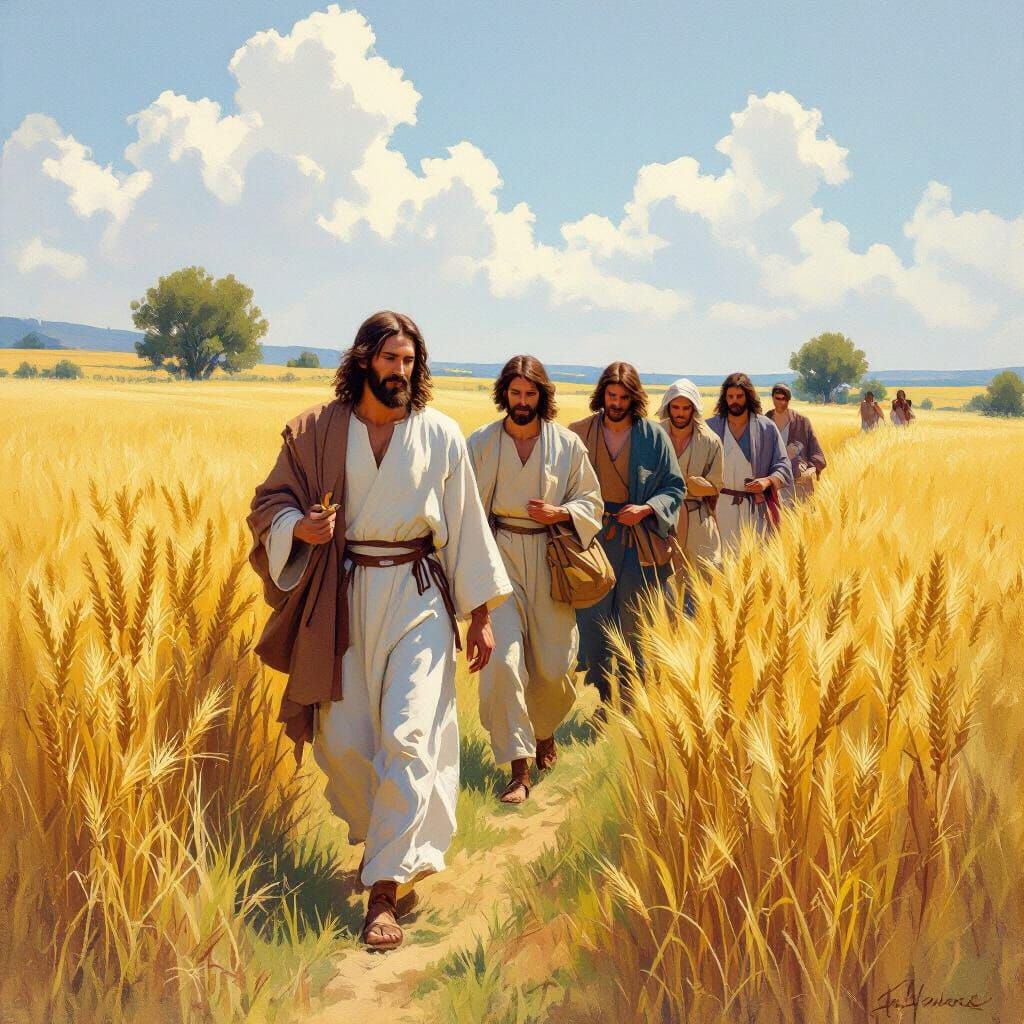 Jesus and Disciples Walking Through Grain Field on Sabbath