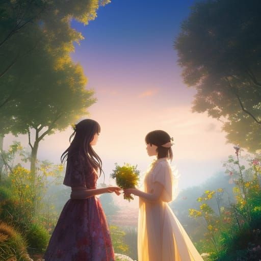 Lesbian Couple Kissing in Anime Style