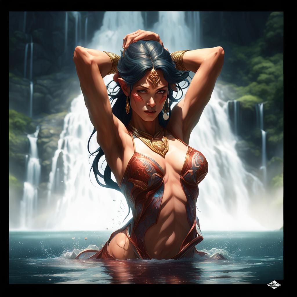 Goddess Dancing at Waterfall: Hyperdetailed Portrait
