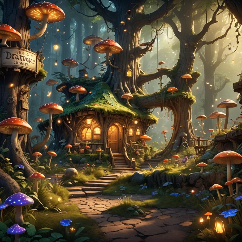 Fantasy Coupon Store in Magical Forest, Matte Painting