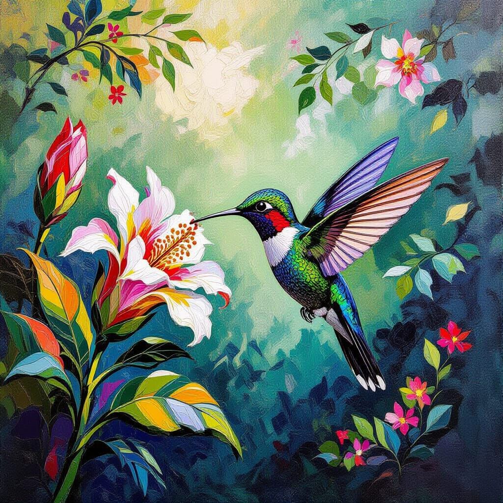 Hummingbird Sipping Nectar in Dreamlike Gouache Landscape