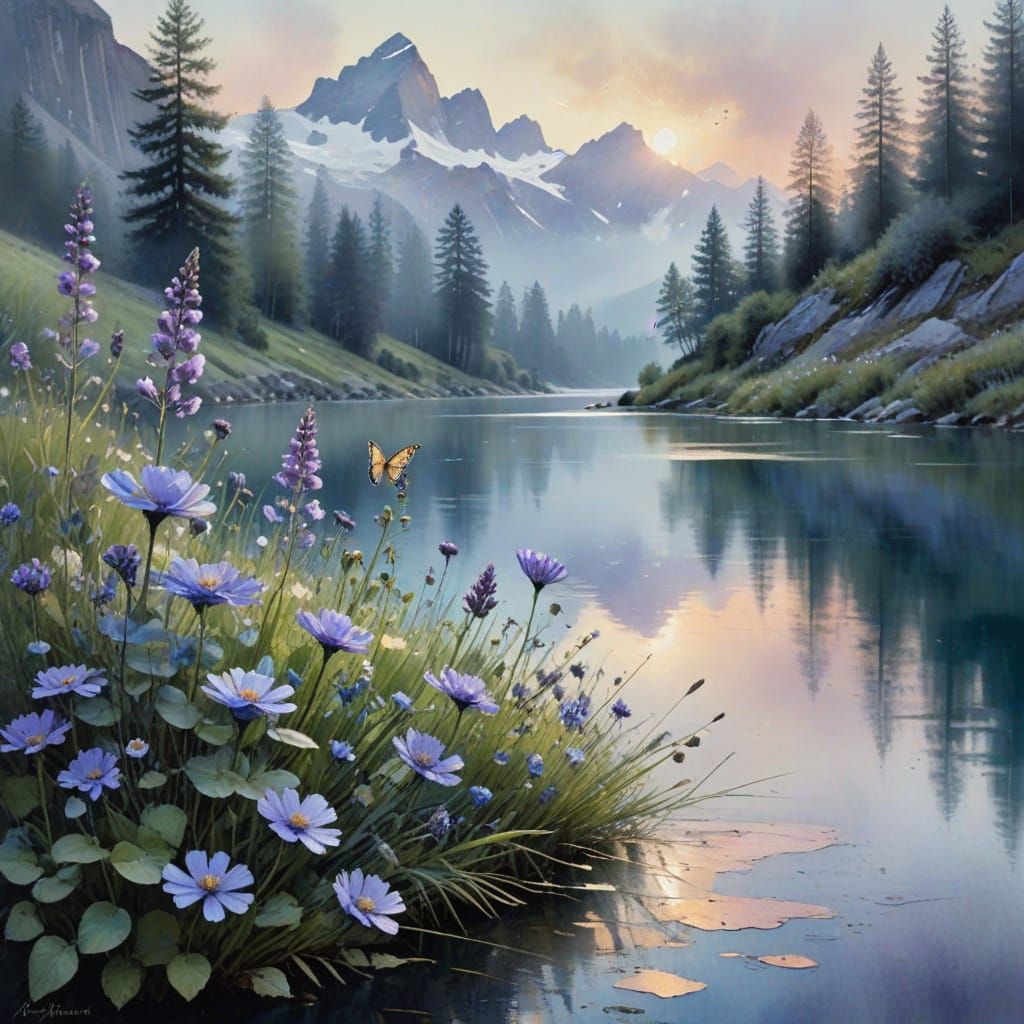 Watercolor Swiss Alps Lake Scene