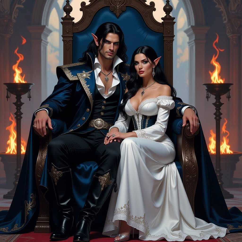 Elf King and Queen on Throne in Firelit Hall