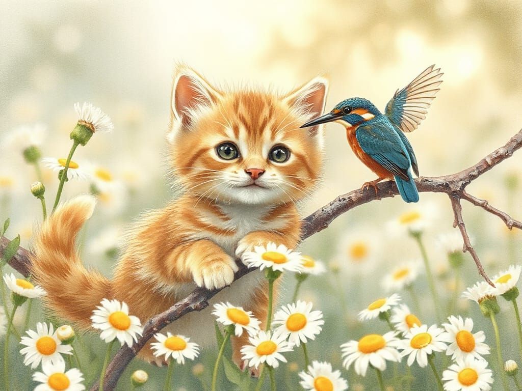 Kitten and Kingfisher in Fairytale Watercolor Landscape
