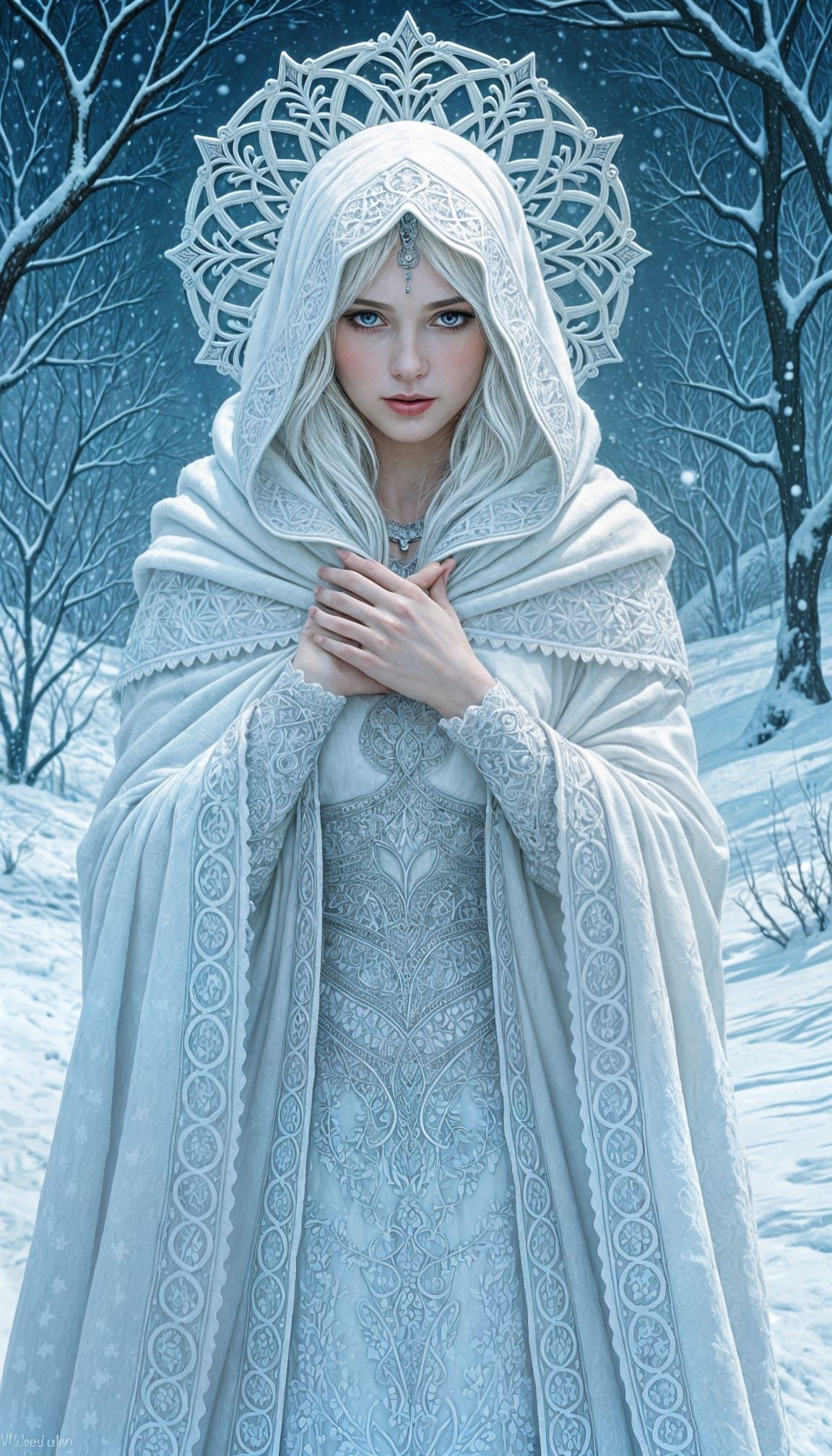 Winter Goddess in Frosty Attire: Ethereal Art Nouveau Style