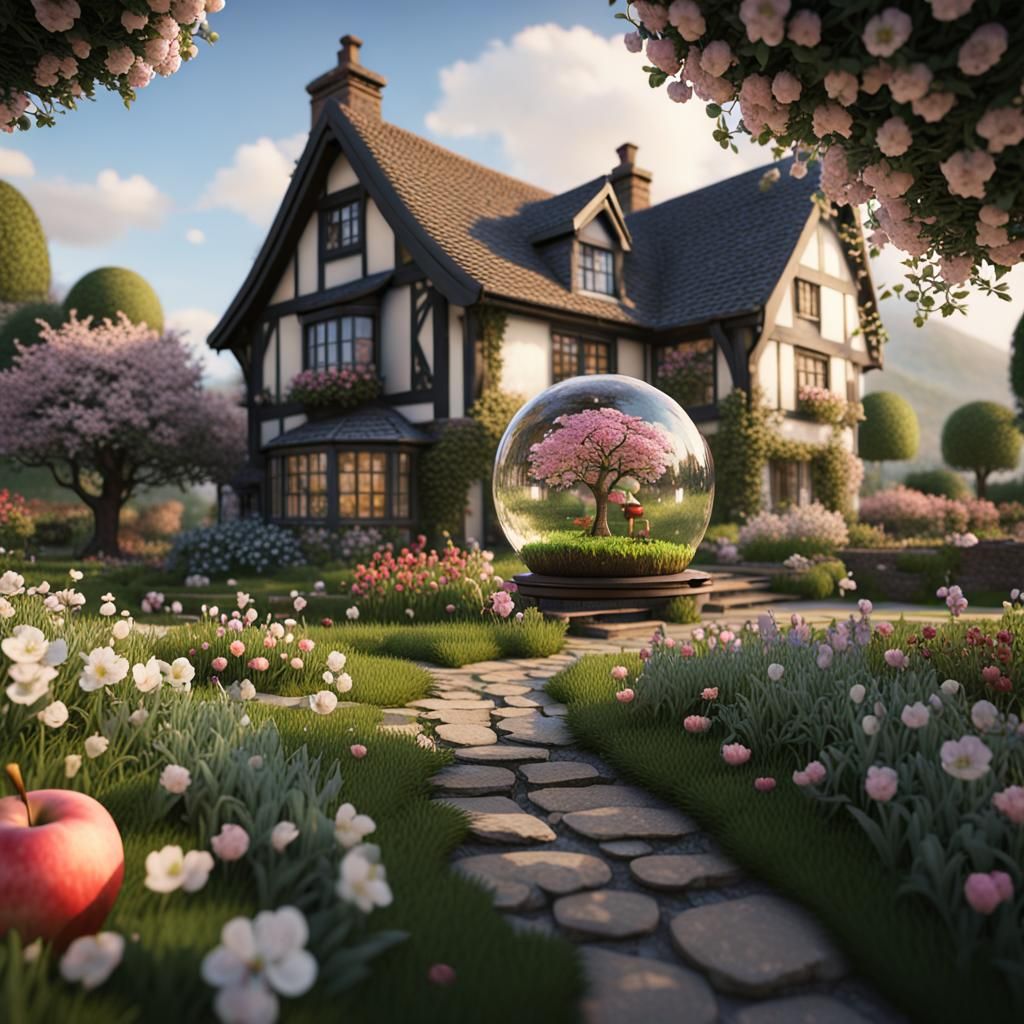 English Cottage Garden in Crystal Ball, Digital Art