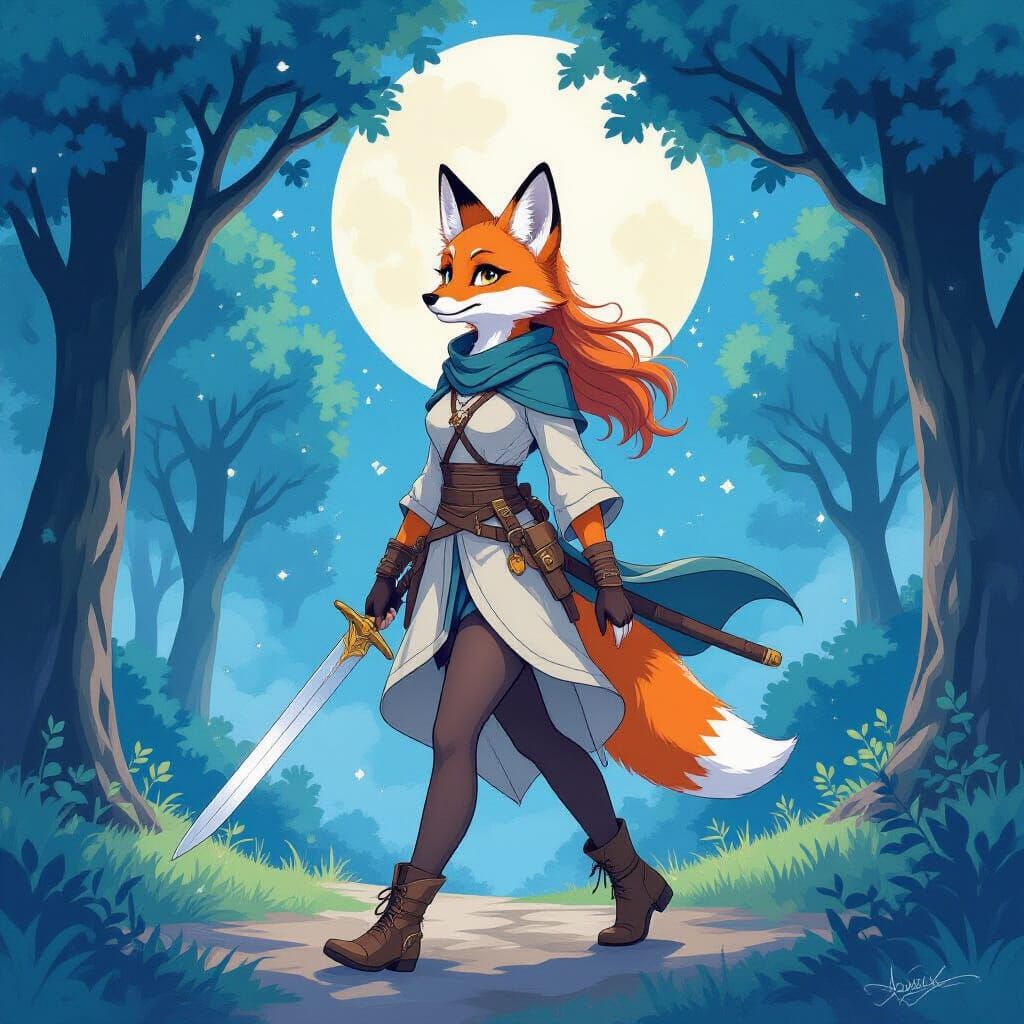 Fox Furry Walks in Moonlit Forest with Sword