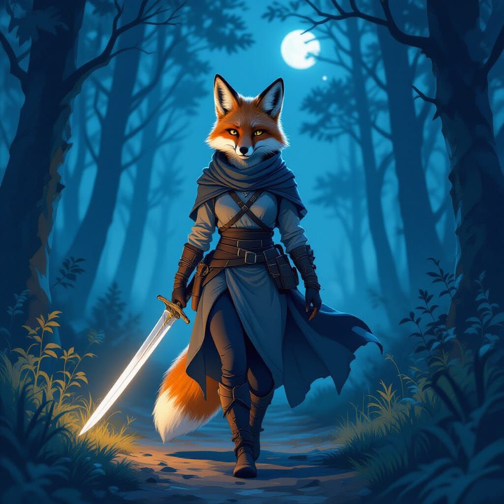 Fox Furry Walks in Mystical Forest at Night