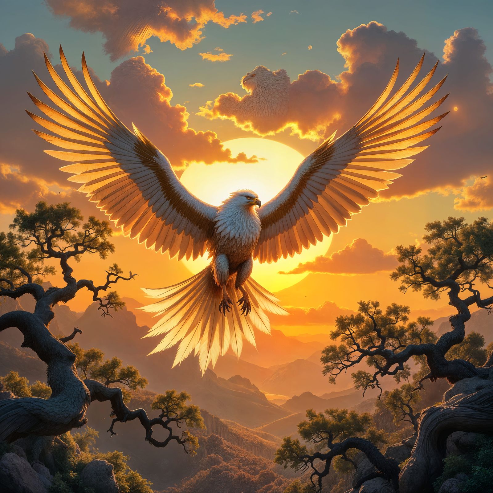 Griffin Soars Through Twilight Sky: Painterly Illustration