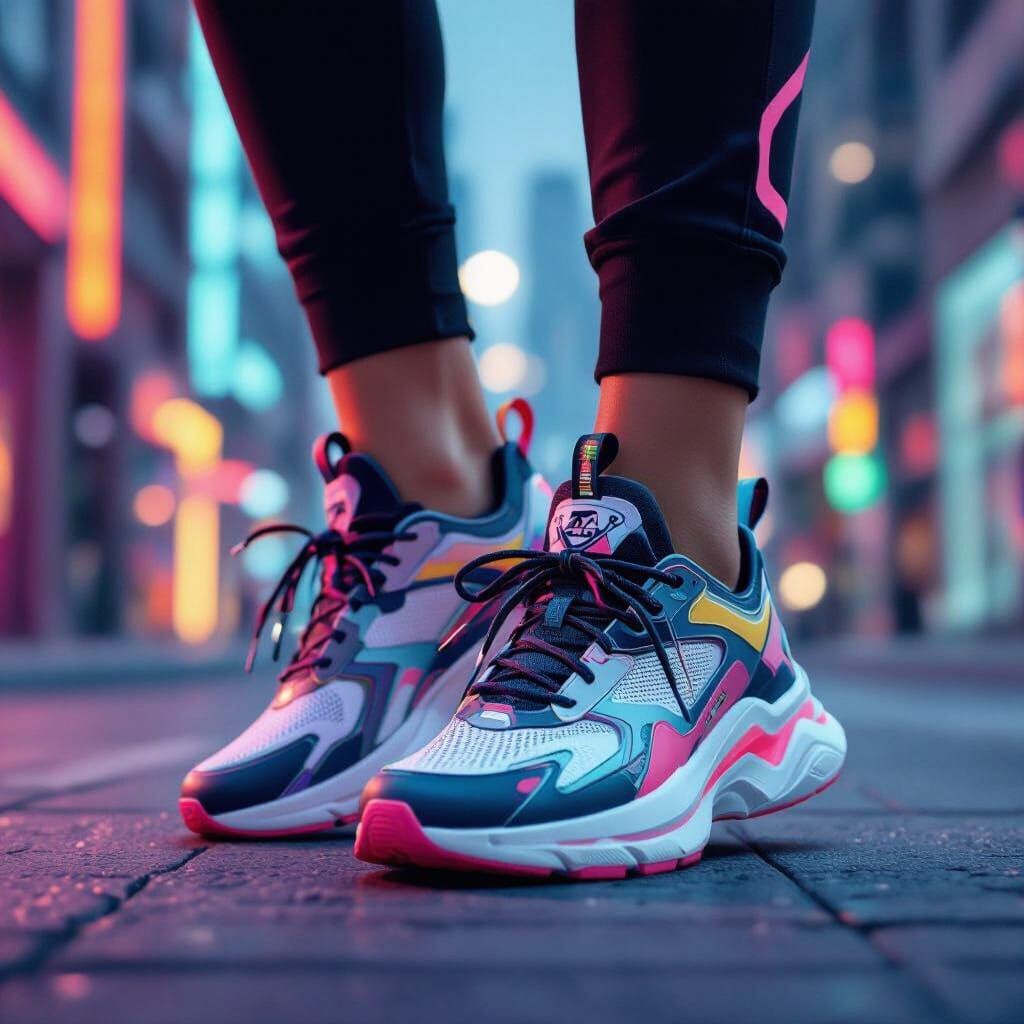 Woman Lacing Up Futuristic Sneakers in Urban Setting