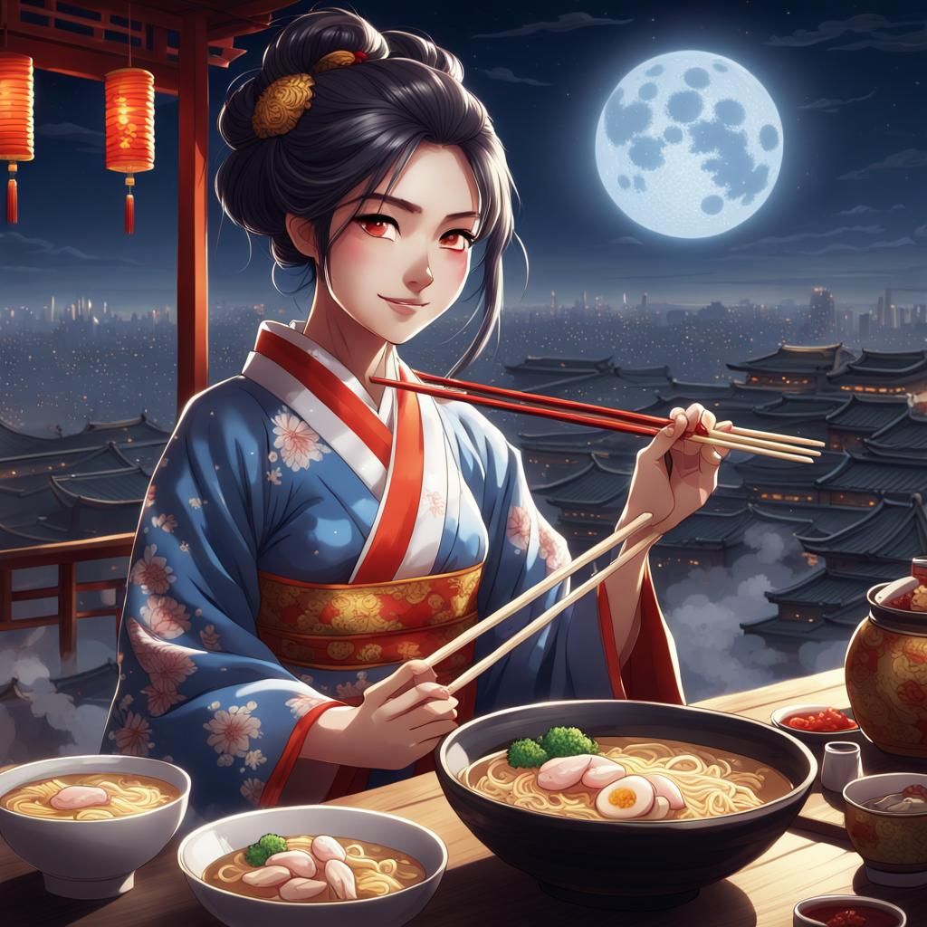 Chinese Woman Eating Ramen in Anime Style