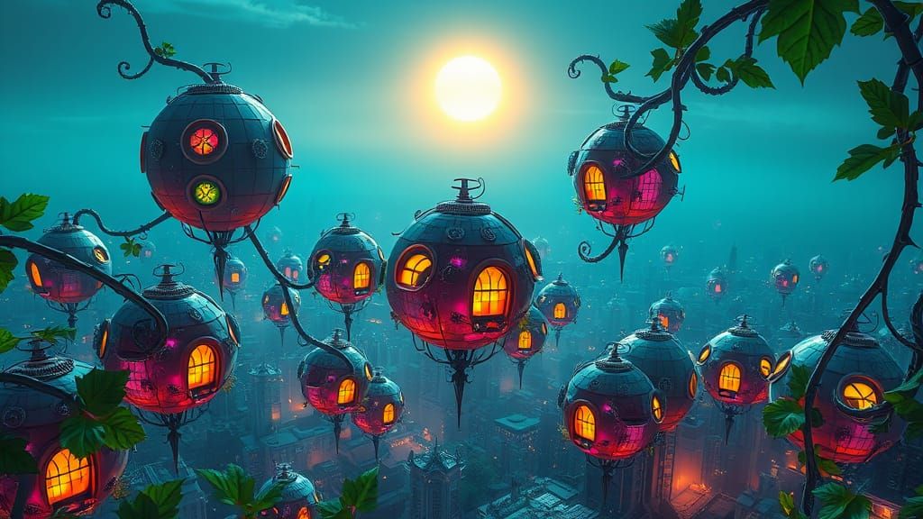 Glowing City of Iridescent Spheres in Emerald Vines