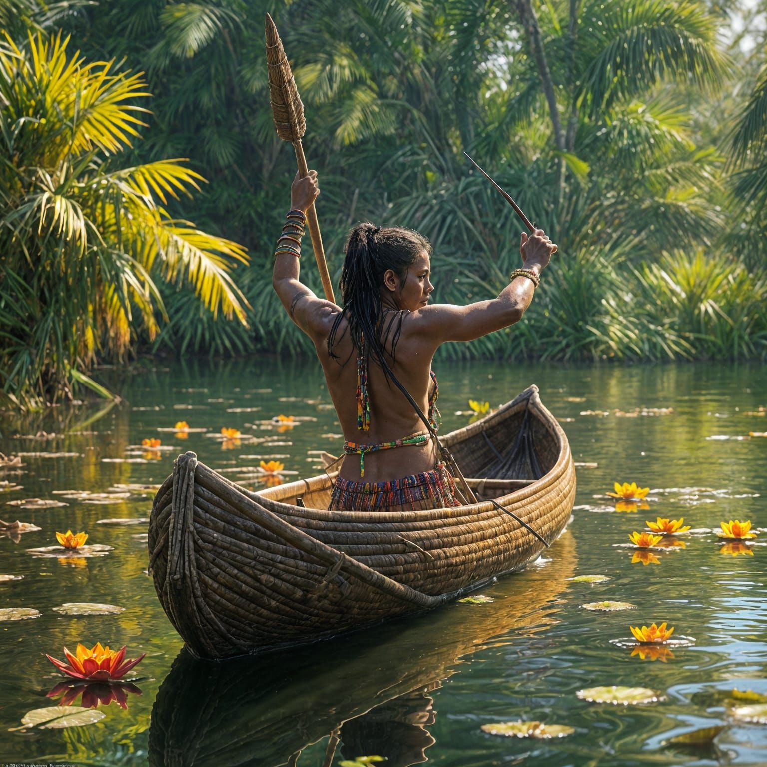 Aboriginal Hunter in Colorful Billabong Scene