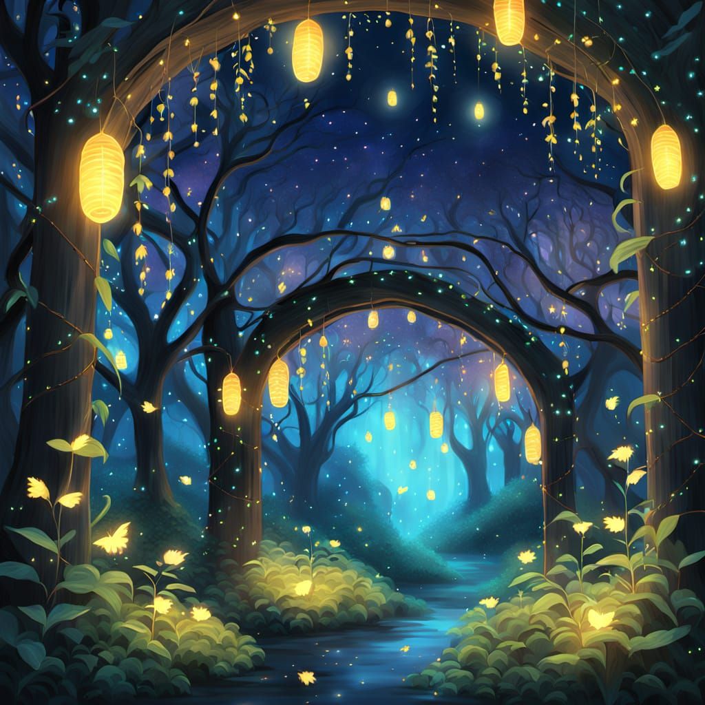 Fireflies in Bioluminescent Forest, Ghibli Style
