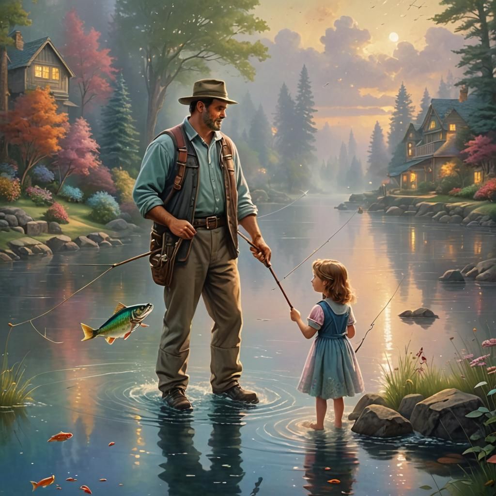 Father and Daughter Fishing in Ethereal Fantasy Style