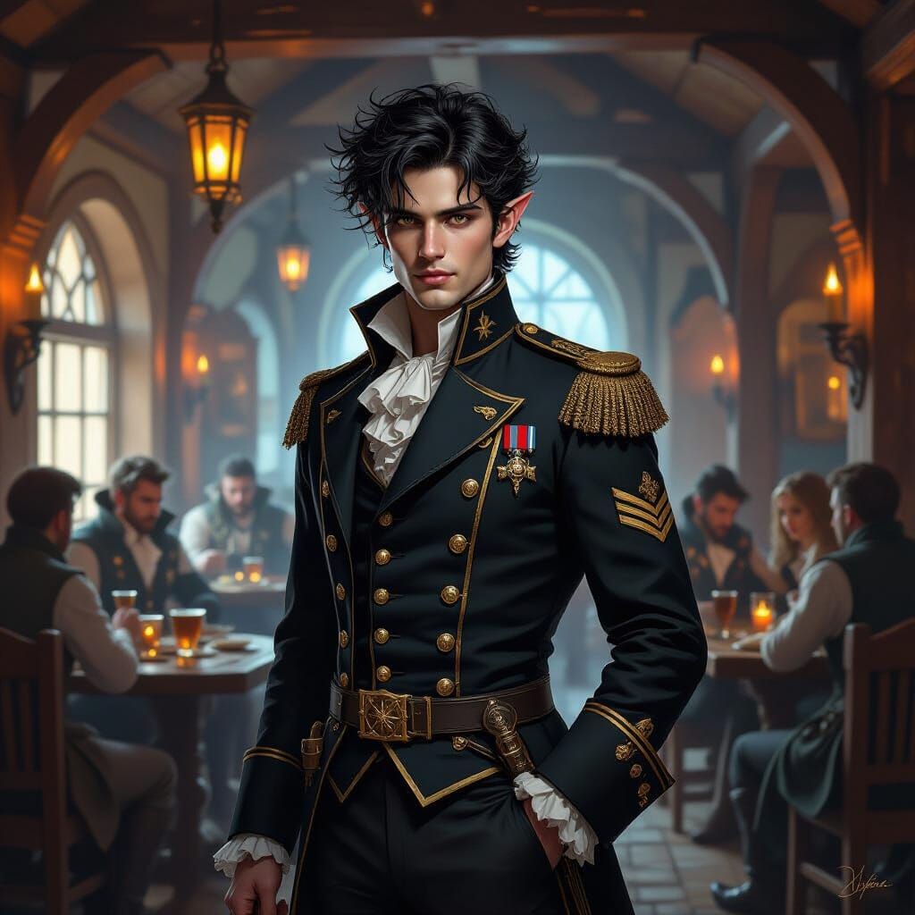 Elf Officer in 18th Century Uniform in Fantasy Tavern