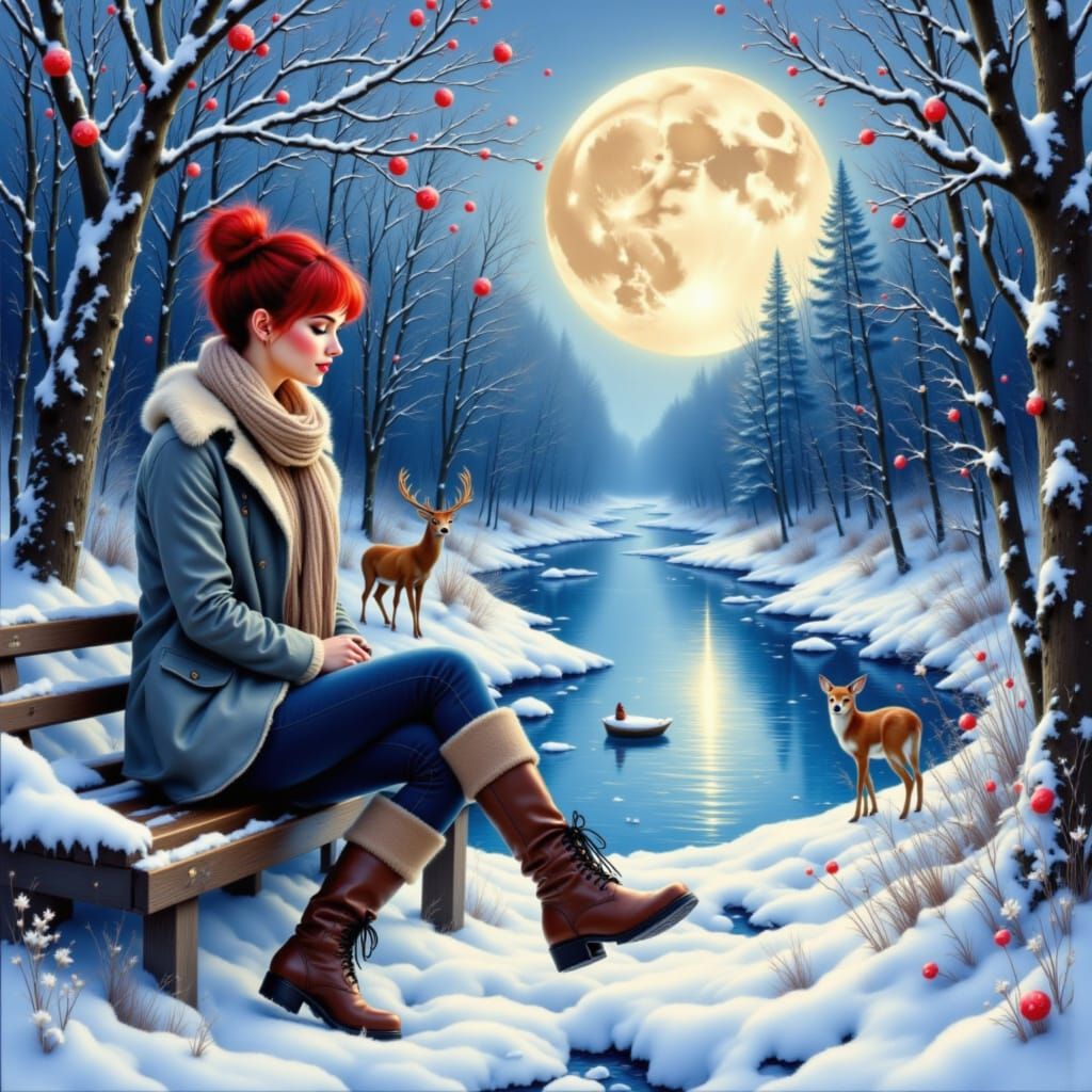 Enchanting Winter Scene with Smiling Woman and Forest Creatu...