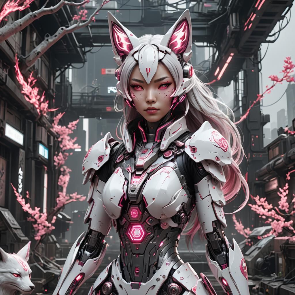 Kitsune Cyborg Girl: Detailed Fantasy Art
