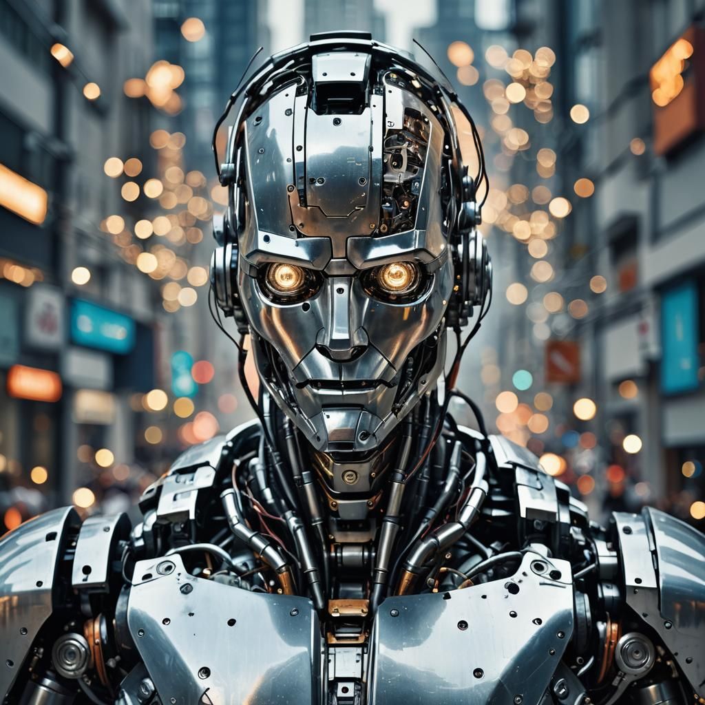 Futuristic City Robot Portrait in Industrial Style