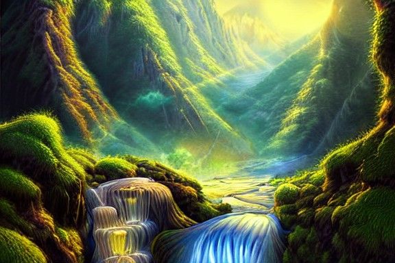 Radiant Mountain Valley in Detailed Fantasy Art