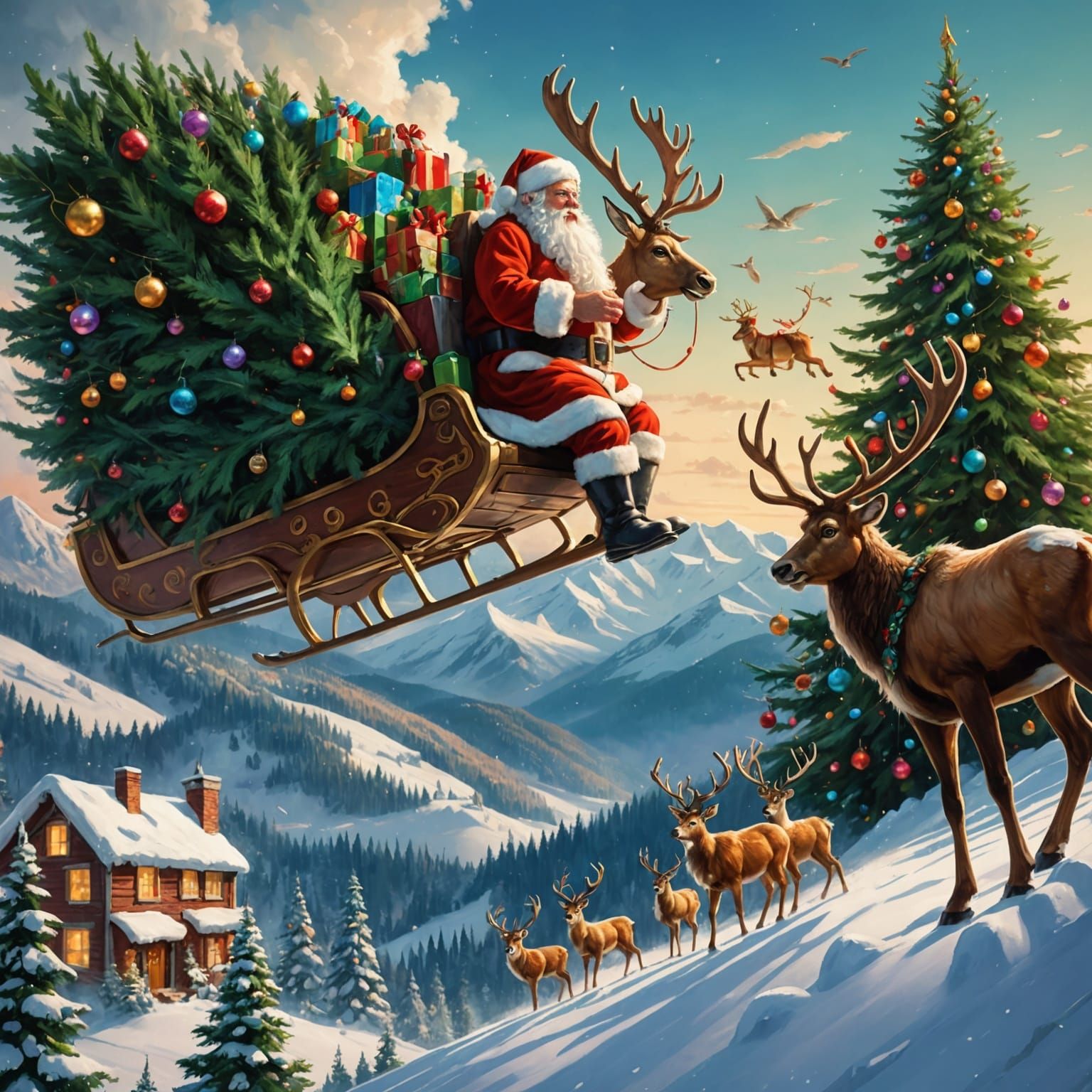 Santa's Sleigh Ride Over Christmas Tree Mountain