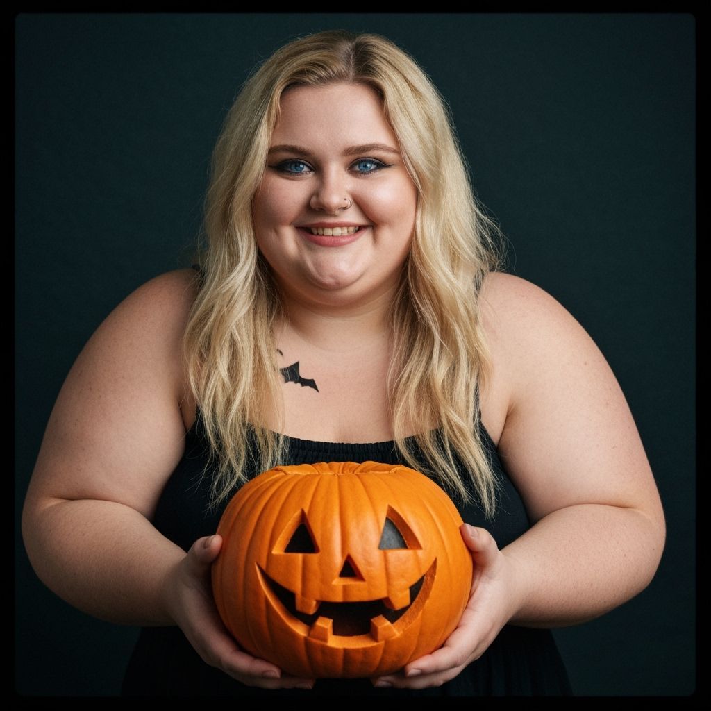 Smiling Woman Holds Halloween Pumpkin in Cinematic Film Stil...