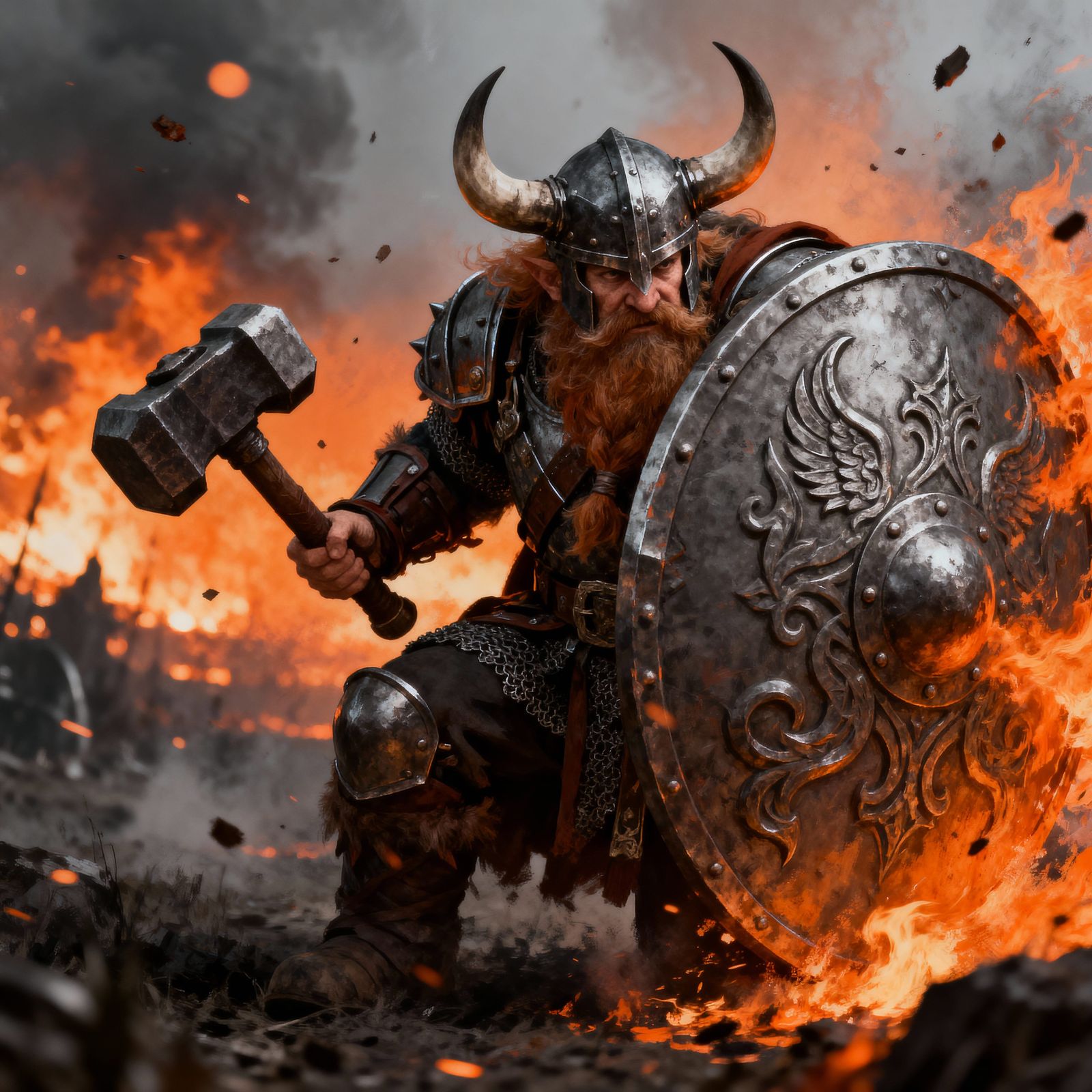 Dwarven Warrior in Fiery Battle