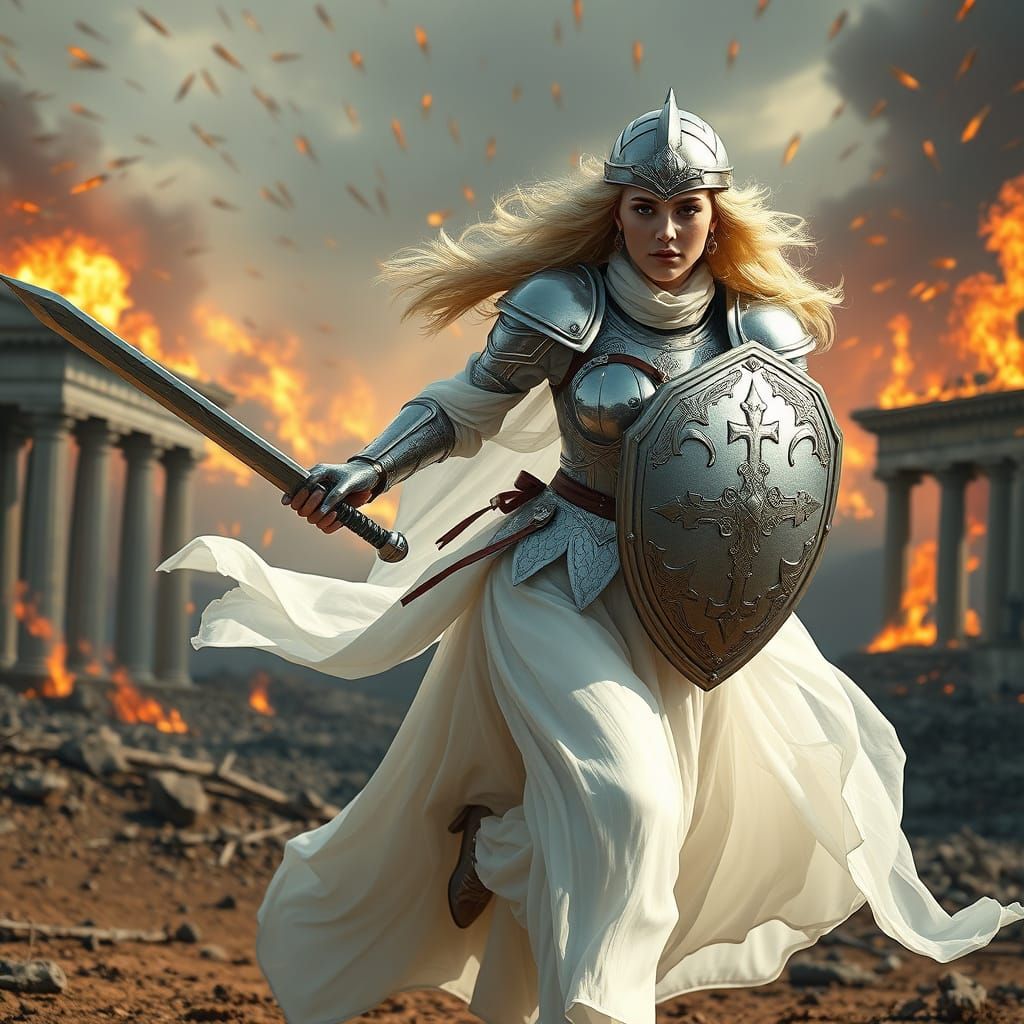 Dynamic Princess on Battlefield with Sword and Shield