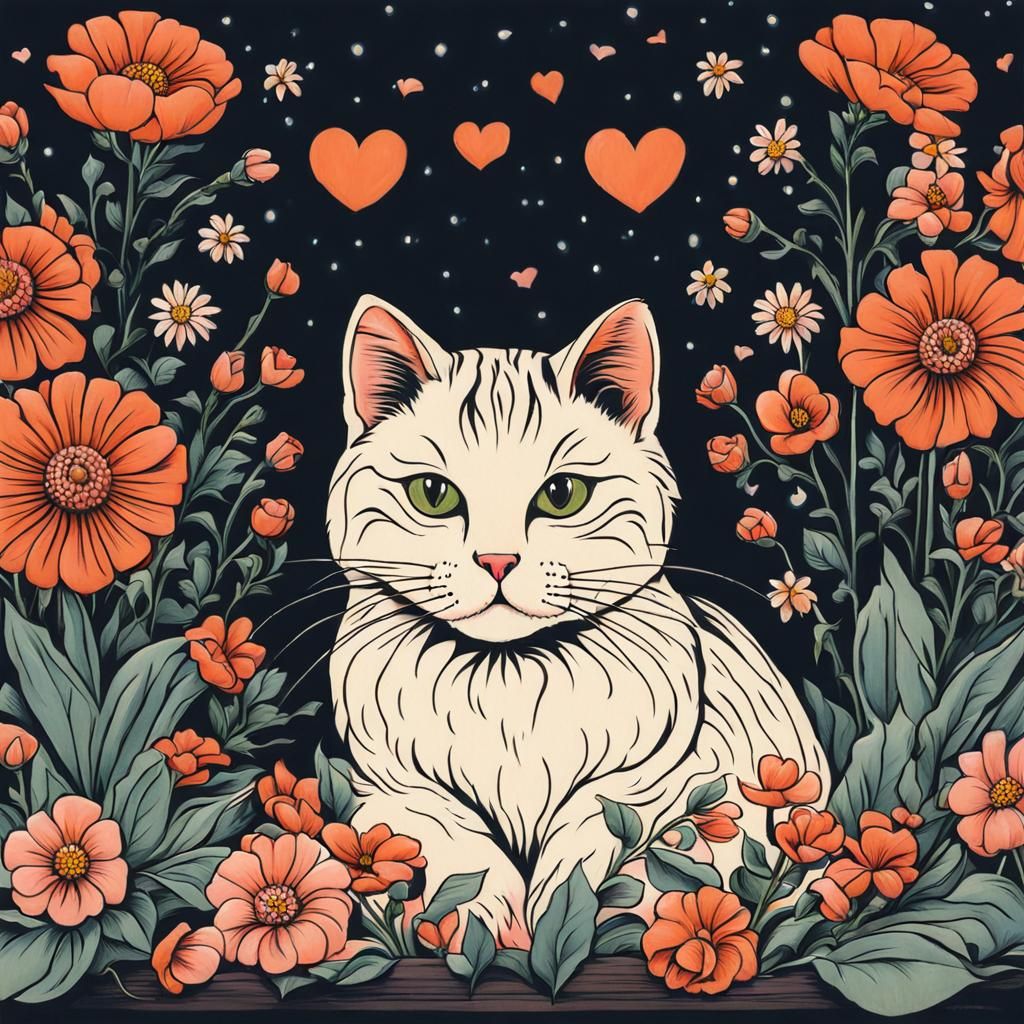 Cute Cat Cartoon with Flowers and Heart Lights