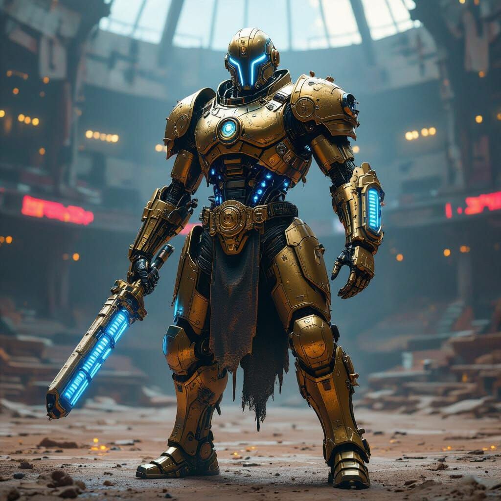 Steampunk Cyborg Gladiator Triumphant in Ruined Arena