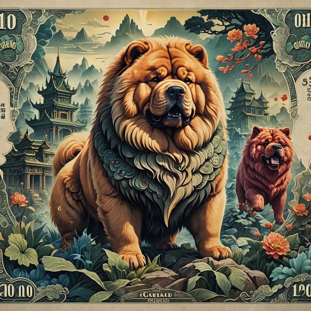 Chow Chow Dog Poster Art Banknote in Detailed Matte Style