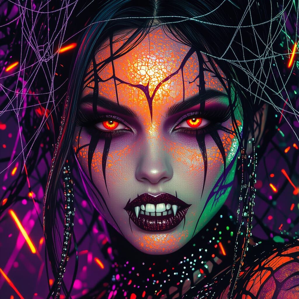 Dark Halloween Goddess with Neon Skin and Ruby Eyes