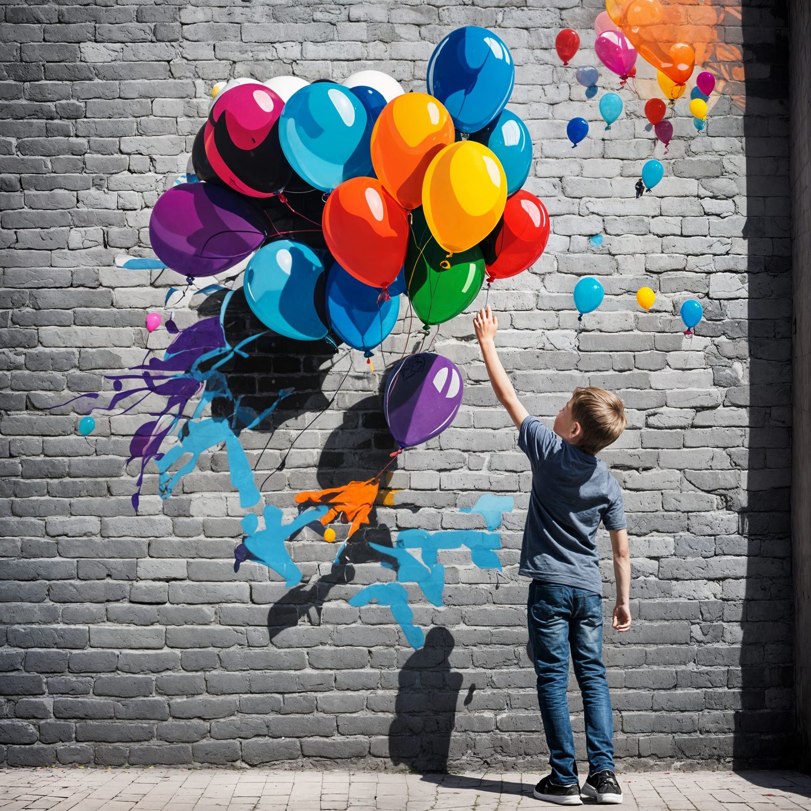 Boy Reaching for Colorful Graffiti Balloons