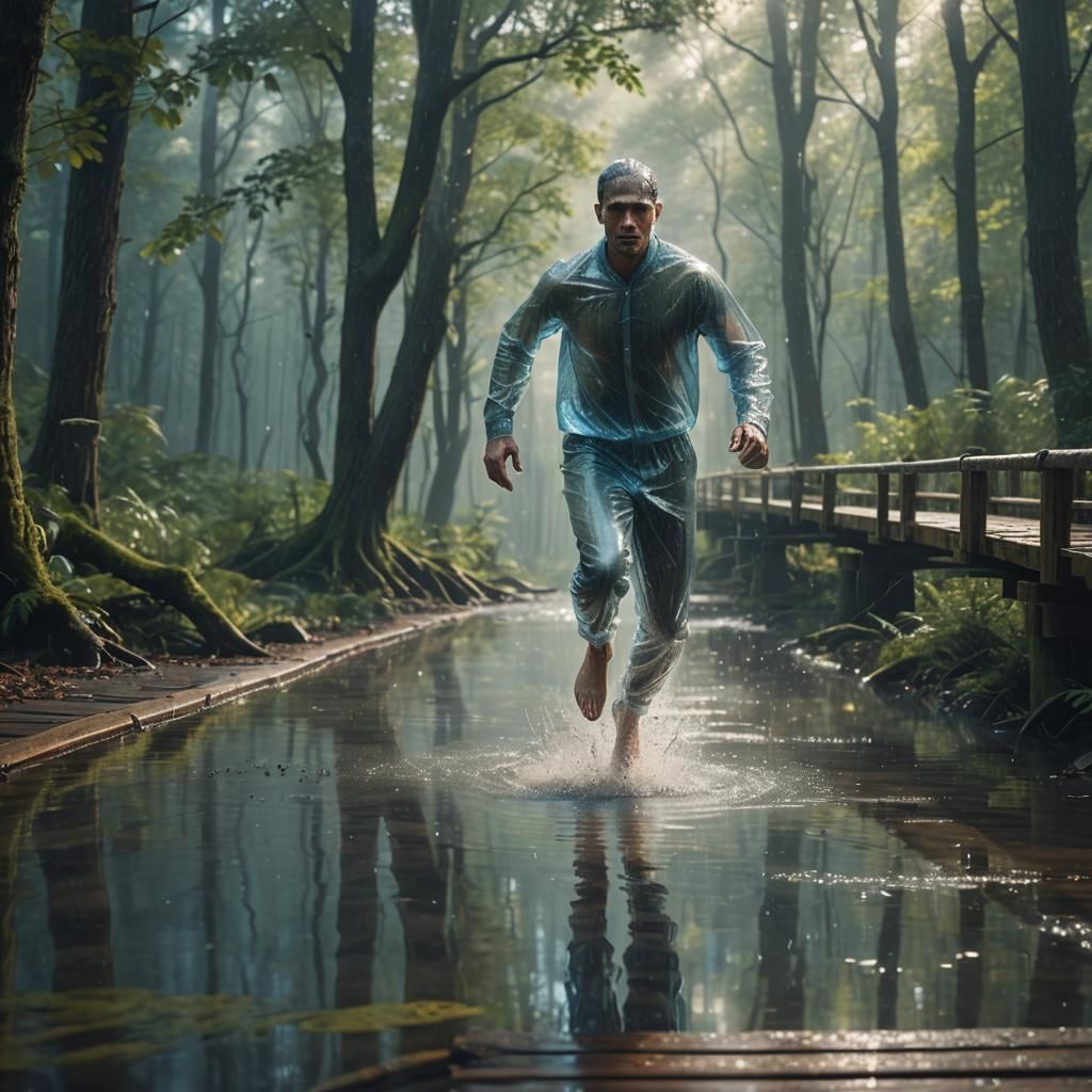 Hyperrealistic Man Running Through Rainy Forest Scene