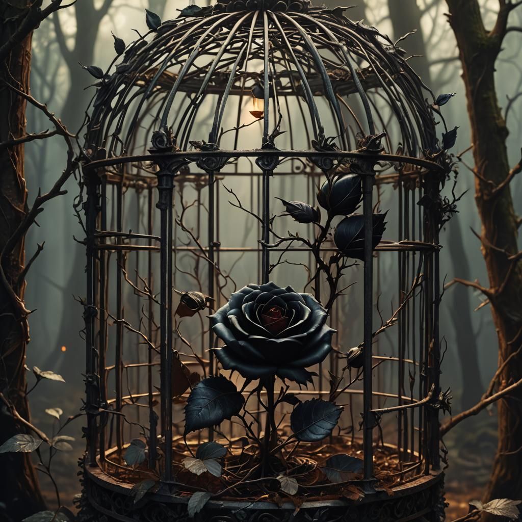 Black Rose Trapped in Forest Cage: Dark Fantasy Art