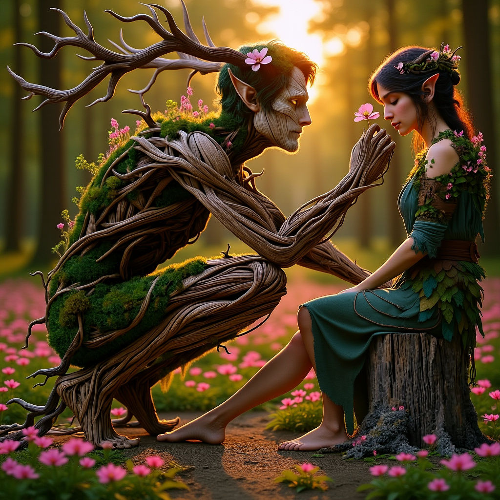 Enchanting Forest Scene with Maiden, Man, and Mythical Creat...