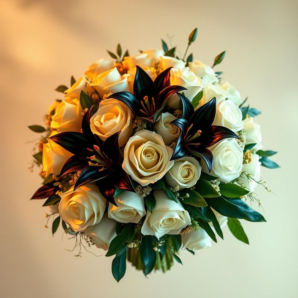 Wedding Bouquet with Roses and Lilies in Art Nouveau Style