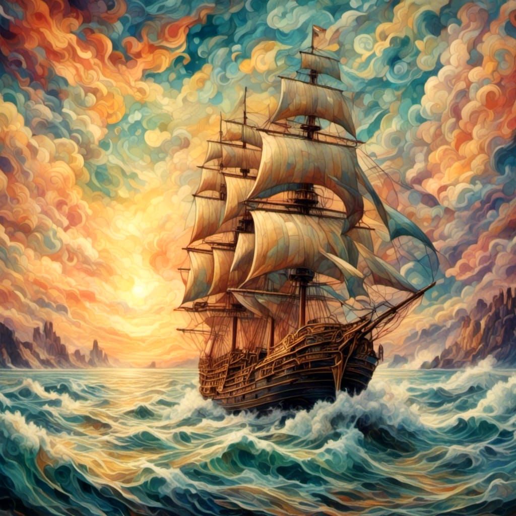 Setting Sail at Golden Hour in Art Deco Style