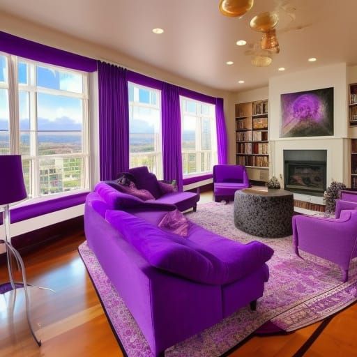 New Age penthouse with purple walls with whimsical purple windows with purple New Age curtains& purple New Age furniture...