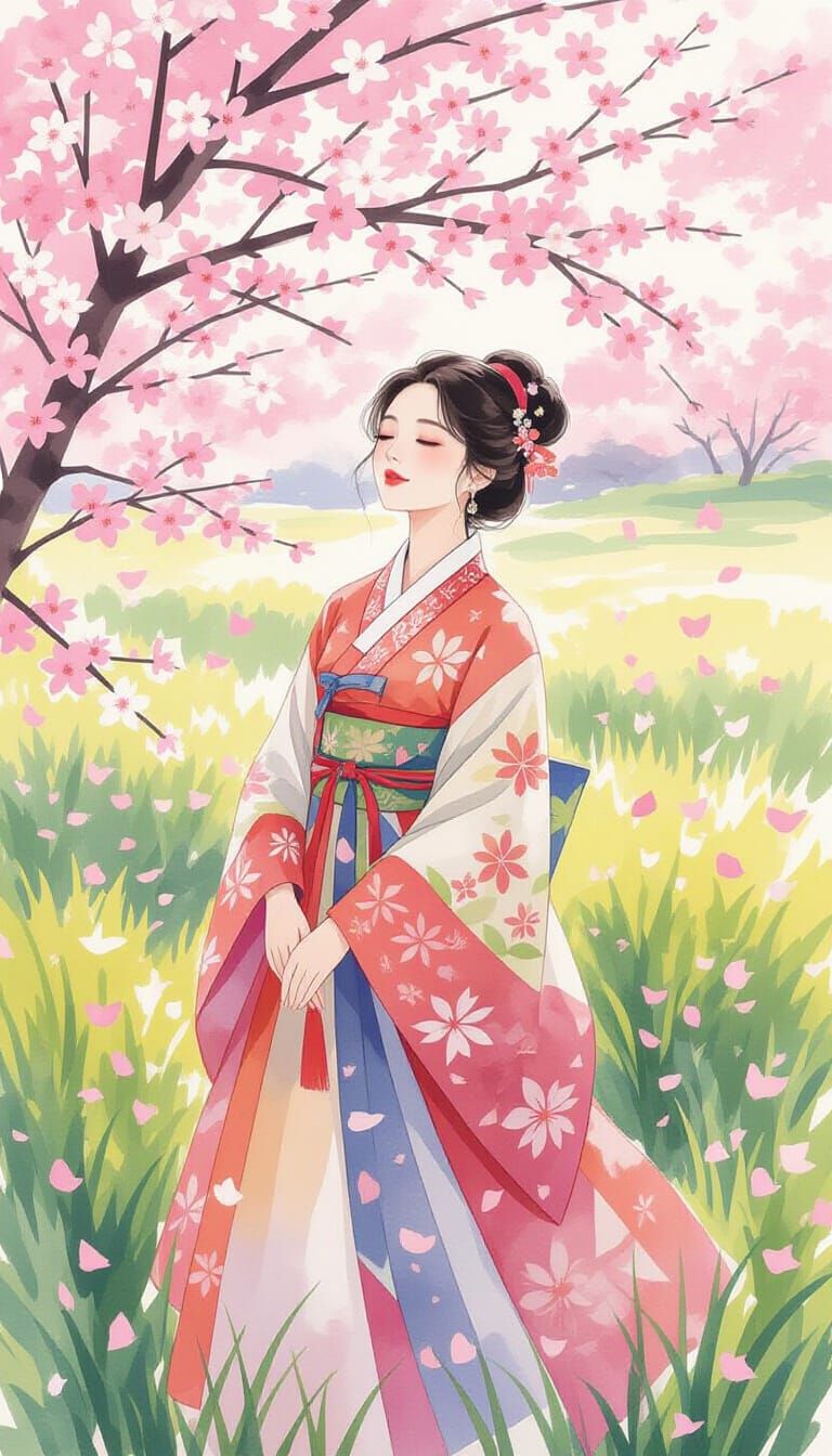Korean Woman in Hanbok Among Cherry Blossoms