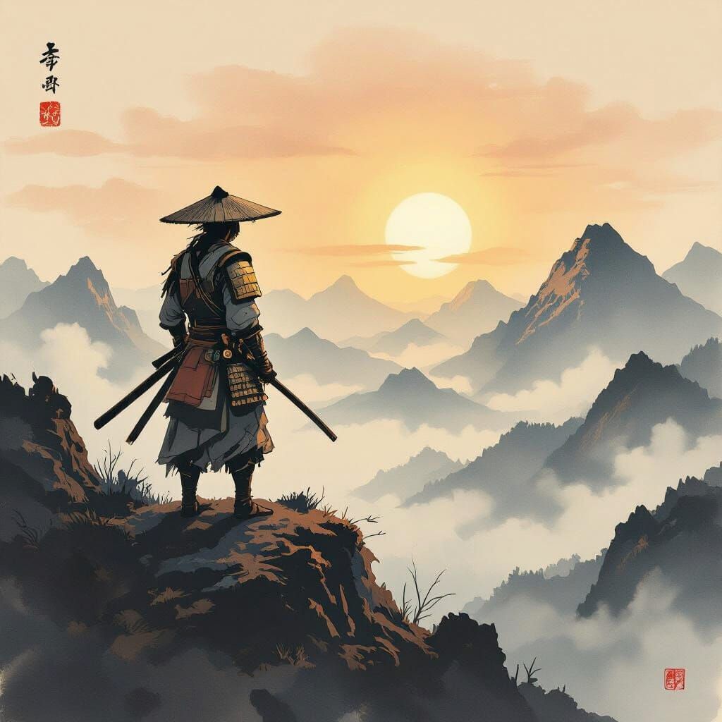 Lone Wolf Samurai on Misty Peak in Sumi-e Style