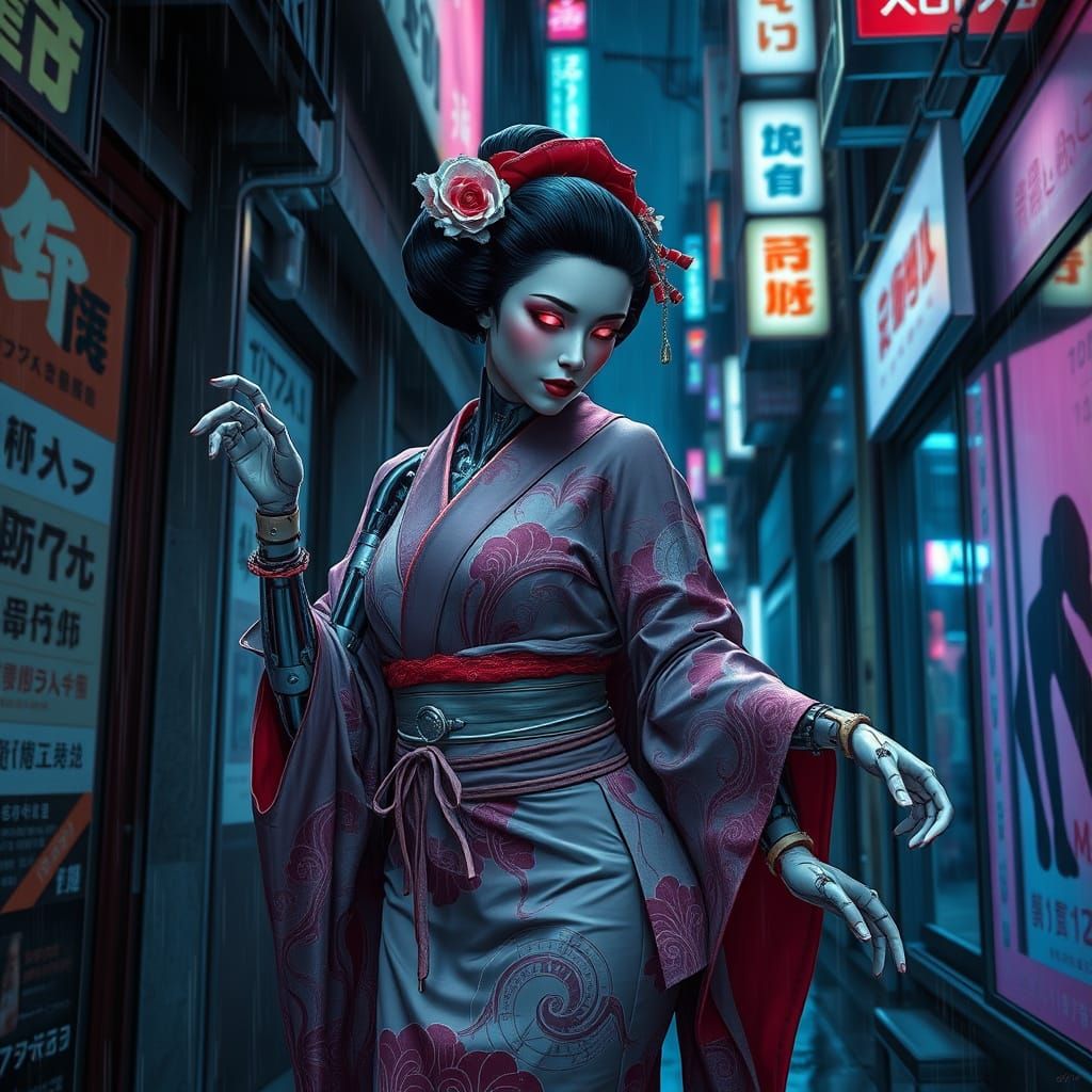 Cyborg Geisha Dances in Rainy Tokyo Alleyway