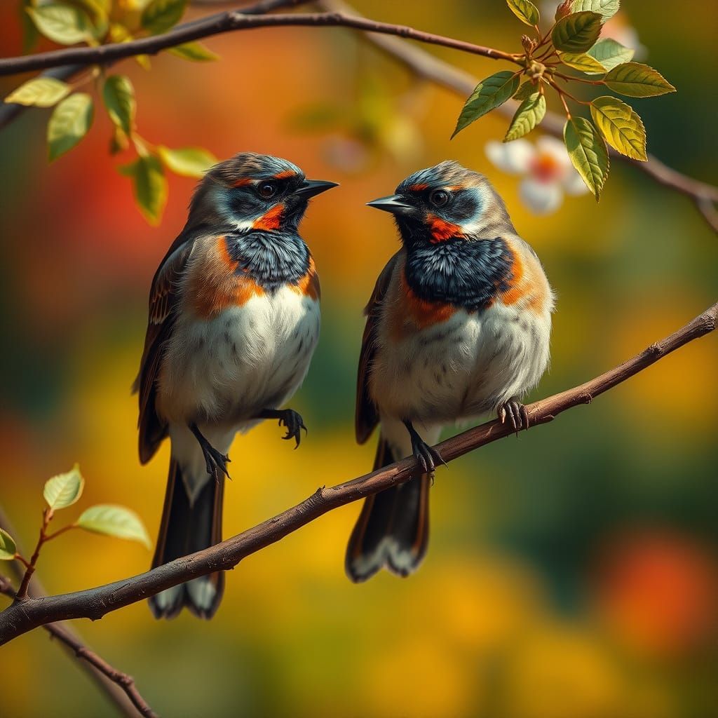 Vibrant Birds on Branch in Hyperrealistic Style