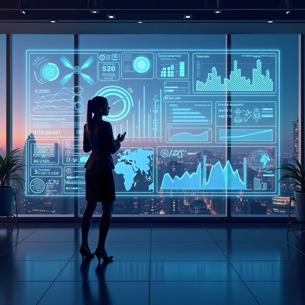 Futuristic Businesswoman in Modern Office, Surrounded by Hol...