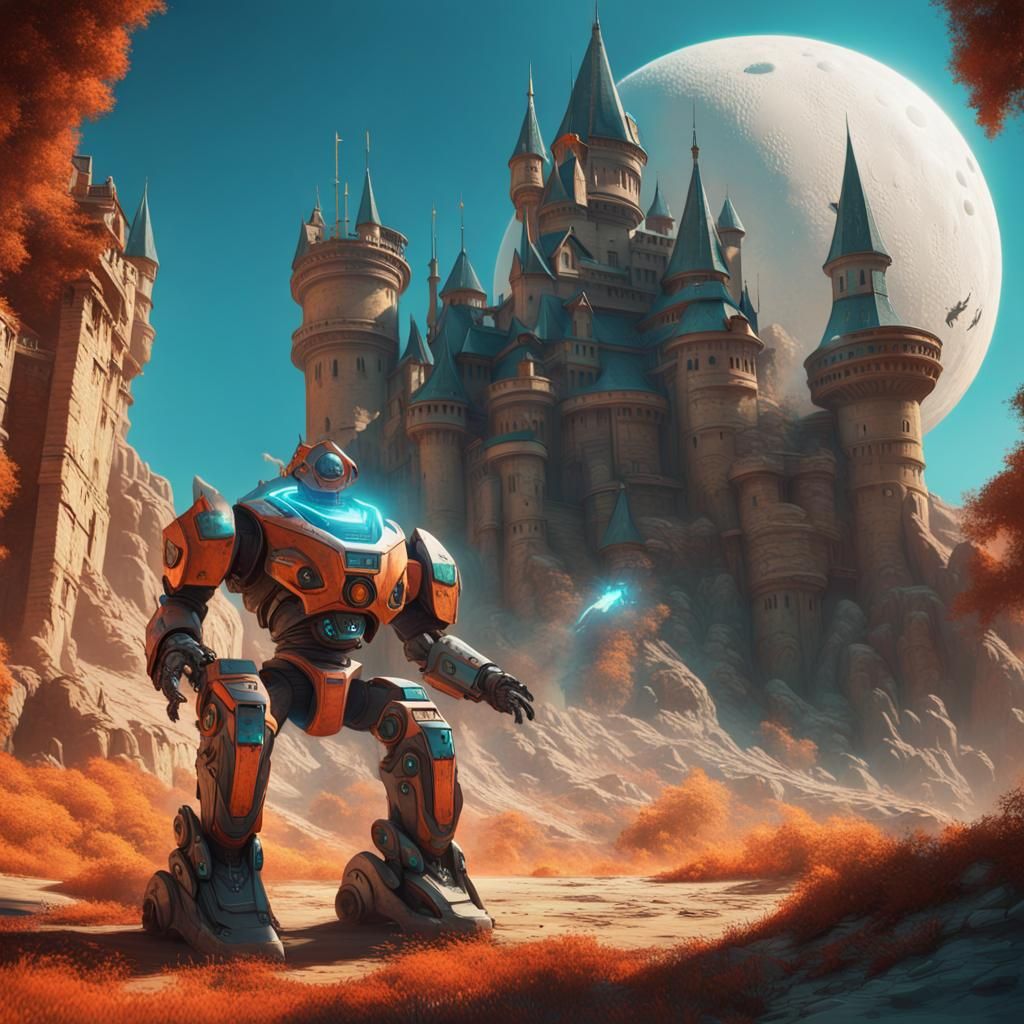 Robot Jousting Alien on Moon, Hyperdetailed Concept Art