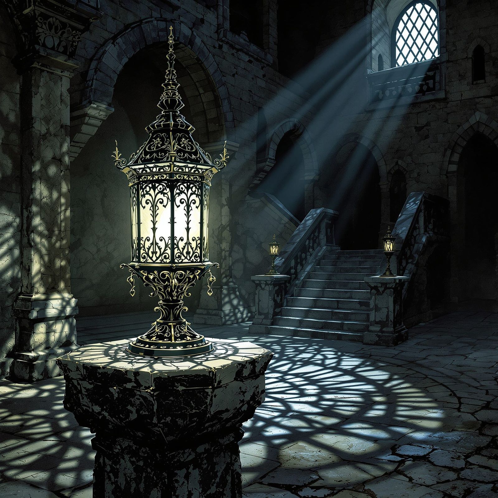 Gothic Lantern in Abandoned Castle Courtyard