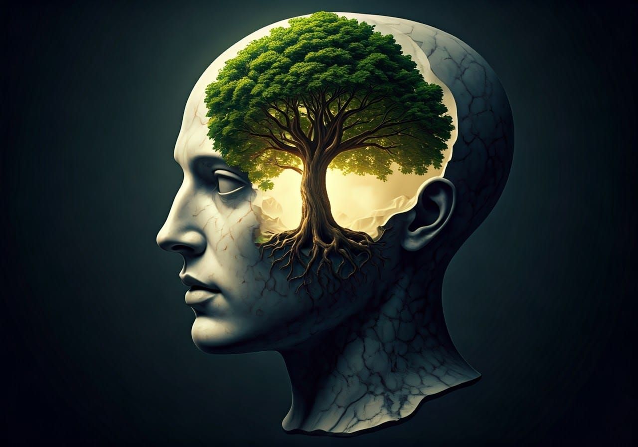 Marble Head Cross-Section with Tree, Biomechanical Art