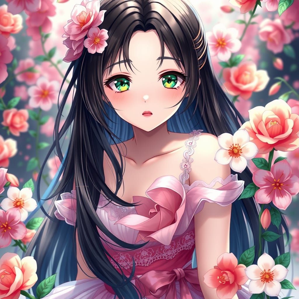 Anime Girl in Rose Petal Gown, 3D Render