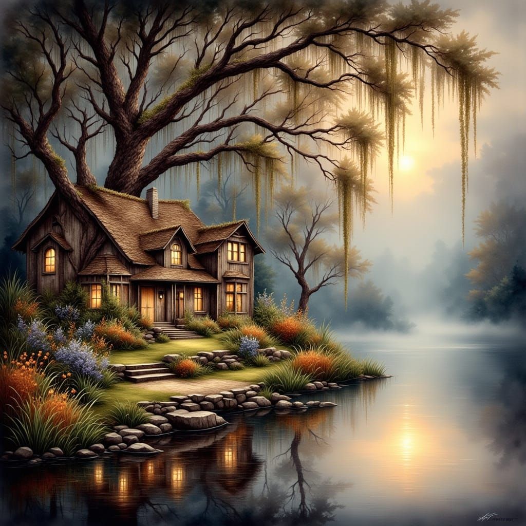 Cozy Cottage by Loch in Antique Watercolor Style